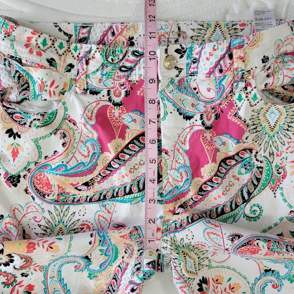 CHICO'S Slim Leg Crop Colorful Paisley Floral Print Flat Front Pants Size 12 - Picture 14 of 16